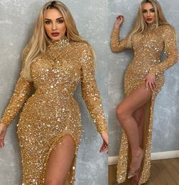 2022 Plus Size Arabic Aso Ebi Gold Sparkly Sheath Prom Dresses Beaded Sheer Neck Evening Formal Party Second Reception Birthday Engagement Gowns Dress ZJ322