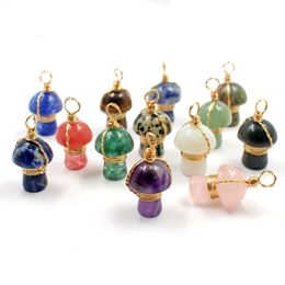 Wire Wrap Natural Gem Stone Carved 2cm Mushroom Charms Quartz Crystal Amethyst Tiger Eye Pendant DIY Necklaces Earrings