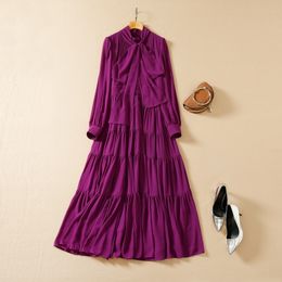 2022 Summer Long Sleeve Round Neck Purple Solid Colour Chiffon Ribbon Tie Bow Panelled Long Maxi Dress Elegant Casual Dresses Plus Size XXL 22Q042324