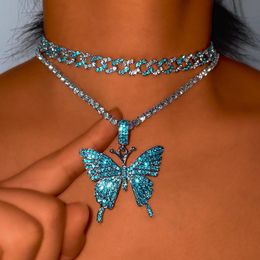 Chains Hip Hop Pink Big Butterfly Pendant Chunky Cuban Choker Necklaces For Women Multicolor Rhinestones Metal Link Chain Punk Jew1945