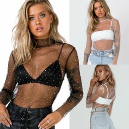 Women See Through Mesh Sheer Tee T-shirt Top Sexy Sequined Transparent Turtleneck Clothes Summer Female Costume