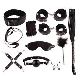 Nxy Sm Bondage 10pcs Sex Toys for Couples Bdsm Handcuffs & Ankle Cuffs Eye Mask Restraints Whip Gag Collar Nipple Clamp Adults Games 220423