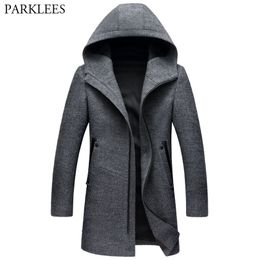 Long Hooded Trench Coat Men Brand New Winter Men s Cashmere Hoodie Jacket Warm Zipper Slim Windbreaker Woolen Pea Coat Gray LJ201110