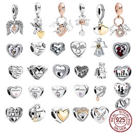 925 Silver Fit Charm Bracelet Angel Wings of Love Heart Family Charms Set Diy Fine Beads Jewelry