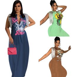 Summer Digital Print Shoulder Tassel Long Dress For Women Hip Hop Street Sleeveless Deep V-neck Maxi Dresses NK307