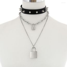 Chokers Punk Padlock Chain Necklace Women/men Goth Spike Choker Collar Pendant Black Leather Emo JewelryChokers Sidn22