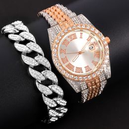 Wristwatches Men Watch Luxury Fashion Bling CZ Gold Watches Quartz Clock Three Eyes Round 8inch Cuban Chain Bracelet Iced Out