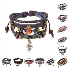 Charm Bracelets Vintage Bohemia Punk Musical Note Pendant Rope Multi Layers Leather Colors Beads Customized Adjustable Men BraceletCharm Int