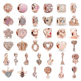 New Popular 925 Sterling Silver Rose Gold Mosaic Crown Heart Coffee Pendant Beads for Original Pandora Charm Bracelet DIY Women Fashion Accessories Jewelry Gifts