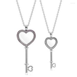 Large Pink & Small White Heart Key Floating Locket Pendant Necklace 100% Real 925 Sterling Silver For Women Jewellery