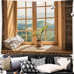 Tapestry Imitation Window Mountain Landscape Wall Carpet Sea Outside The Forest