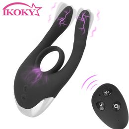 IKOKY Electric Shock Penis Ring Vibrator Delay Ejaculation Dildo Anal Clitoris Stimulation Vibrating Cock Rings 10 Speed