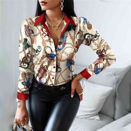 Women Fashion Shirt Lady Long Sleeve Blouse Turn-down Collar Button Design Chain Print Casual Shirts 210716