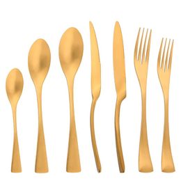 Flatware Sets Terprun 7/28pcs Gold Cutlery Set Matte Kitchen Dinnerware Stainless Steel Steak Knives Fork Tea Spoon DropFlatware