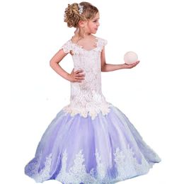 2122 lace mermaid Flower Girl Dresses For Wedding Spaghetti Lace Floral Appliques Tiered Skirts Girls Pageant Dress Kids Birthday Party Gowns