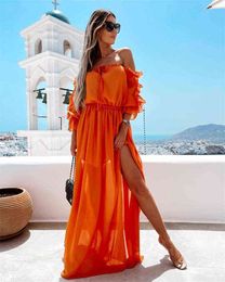 Bohemian Long Dress Women Off Shoulder Chiffon Dress Lace-up Solid Colour Ruffle Beachwear Blue/Orange G220510