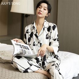 JULY'S SONG Pyjamas Set 2 Pieces Women's Sleepwear Satin Silk Rose Print Elegant Pyjama Long Trousers Spring Summer 220329