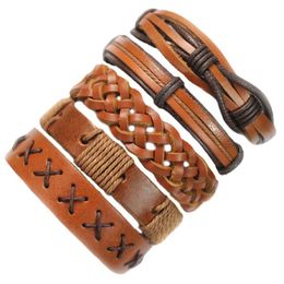 Charm Bracelets Handmade Wholesale 5Pcs/Set Brown Leather Women Bangle Male Wristband Wrap Men Jewelry F75Charm