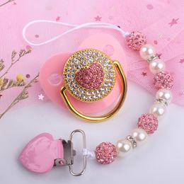 2Pcs/set Love Heart Bling Baby Pacifier and Pacifier Clip Holder Chain Shower Gift 0-6Month