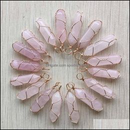 Arts And Crafts Healing Natural Pink Rose Quartz Stone Crystal Handmade Charms Gold Iron Wire Pillar Shape Pendants For Jew Sports2010 Dhhyv