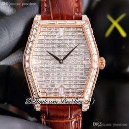 TWF Malte Paved Baguette Diamonds Dial A21j Automatic Mens Watch Rose Gold Iced Out Diamond Bezel Brown Leather Strap Super Edition Jewelry Watches Puretime 05c3