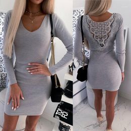 Brand Womens Casual Back Hollow Long Sleeve Bodycon Mini Dresses Party Club Jumper Top Female Sexy Solid Sheath Dress