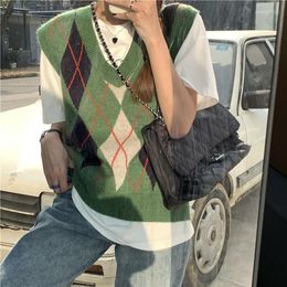 Women's Vests Knitted Sweaters For Women Fashion 2022 Autumn Winter Clothes Casual Plaid Sweater Vest Pullovers White Blue Pink Grey Stra22