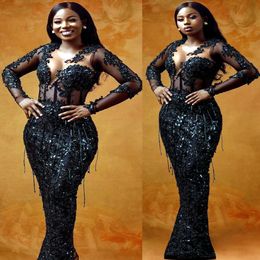 2022 Plus Size Arabic Aso Ebi Black Mermaid Sexy Prom Dresses Beaded Crystals Evening Formal Party Second Reception Birthday Engagement Gowns Dress ZA34