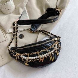 Pearl Fashion Chest Bag Trend One Shoulder Texture Leisure Messenger Women's Bag Rhombic Lattice Chain Waist Bag 220712