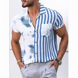 Mens Shirt Summer Fashion Trend Striped Floral Contrast Colour Stitching Print Hawaii Casual ShortSleeved S 5XL D220615