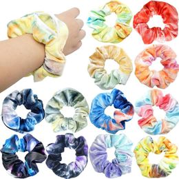 12 Pieces Velvet Pocket Hair Scrunchies Hidden Rainbow Ties Elastic Zipper Colorful Bands 220708