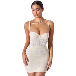 Dress Women Sling Sexy Patchwork Corset Bodycon Low Cut Pleated Soft Party Night Club Mini Dresses T220816