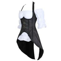 Bustiers & Corsets Steampunk Corset Striped Plus Size Burlesque Costume Two Pieces Long Straps Bustier Vest Top With White Gothic BlouseBust