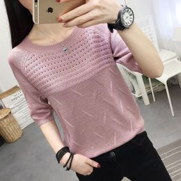 Woman Sweaters Pullover Summer Knitted T shirt Short Sleeved Women s Loose Hollow Top Femme Chandails 220714