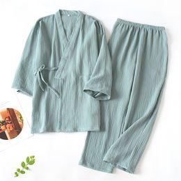 Men and Women 100% Cotton Pyjamas Plus Size Loose Bathrobes V-Neck Kimono Pijama Mujer Three Quarter Sleepwear Couple Sleepwear 220421