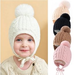 Fur Ball Baby Hat Winter Autumn Knitted Baby Beanie Infant Bonnet Hats with Earflap Kids Girls Boys Cap Toddler Accessories