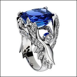 Wedding Rings Jewellery Fashion Angel Wings Blue Crystal Sapphire Gemstones Diamonds For Women Men White Gold Sier Colour Bague Accessory Drop