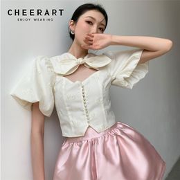 CHEERART Puff Sleeve Hollow Out Crop Corset Top Bow Short Sleeve Summer Blouse Jacquard Bodycon Ladies Desinger Top 220527