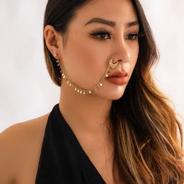 Fashion Bohemia Punk Sexy Women's Fake Nose Piercing Nose Clip Metal Copper Sequins Tassel Chain Earrings Summer Jewellery