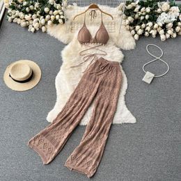 Women's Two Piece Pants Summer Women's Wear Sexy Bandage Crop Top And Wide Leg Trousers Lace Hollowed Out Solid Female Slim 2 OutfitsWom