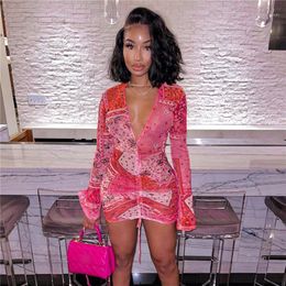 Casual Dresses Deep V Neck Paisley Print Party Drawstring Mesh Flare Long Sleeve Transparent Club Outfit For Women Mini Dress