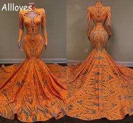 Vintage Orange Prom Dresses With Long Sleeves See Through Lace High Collar Mermaid Evening Formal Gowns Women Plus Size Arabic Aso Ebi Vestidos De Festa CL0161