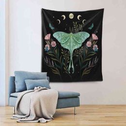 Vintage Butterfly Moon Phase Carpet Wall Hanging Moonlight Green Olive Leaf Bohemian Style Hippie Fabric Dormitory Home Decor J220804