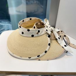 Wide Brim Hats Spring Summer Dot Knitted Straw Women Beige Khaki Hollow Top Outdoors Beach Travel Foldable Caps Casual 56-58cmWide