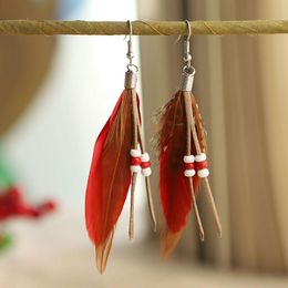 Dangle & Chandelier Vintage Natural Feather Earrings For Women Boho Jhumka White Beads Long Ethnic Gypsy Jewelry OorbellenDangle ChandelierD