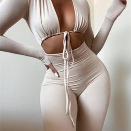 Sibybo White Long Sleeve Sexy Rompers Women Jumpsuit Casual Hollow Out Lace Up Bodycon Jumpsuits Femme Workout Overalls 220714