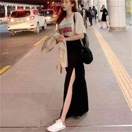 New cotton High Waist Split Side Black Skirt Women Sexy Long Solid Skirts Womens Summer Skirt Girls High Waist Straight 210331