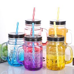 Gradient Mason Drink Cup Juice Milk Tea Glass Mugs Coffee Coke Mug With Straw Reusable Juice Beverages Cups Whiskey Tumblers BH6495 TYJ