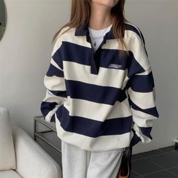 Women's Hoodies Sweatshirts Deeptown Vintage Women Striped Korean Style Harajuku Preppy Casual Female V Neck Polo Pullovers Streetwear Loose BF 230206