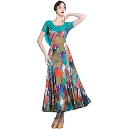 Stage Wear Red Ballroom Dance Dresses American Smooth Dress Tango Waltz Women Short Sleeve Flower Print Blue 9086Stage